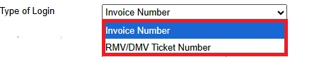 Massachusetts toll payment page with dropdown to select invoice number or RMV DMV ticket option