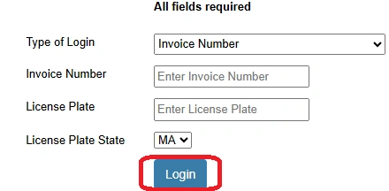 EZDriveMA Pay By Plate login page with invoice number, license plate fields, Massachusetts state dropdown, and highlighted login button for toll access