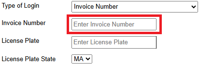 Pay By Plate MA invoice lookup form highlighting invoice number input field for retrieving toll bill details