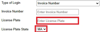 Pay By Plate MA login form showing invoice number entry with license plate input field and Massachusetts state selection for toll lookup