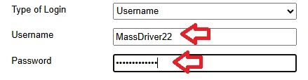 A paybyplate form showing 'Username' selected as the login type, with the username 'MassDriver22' entered and a masked password, both highlighted by red arrows."