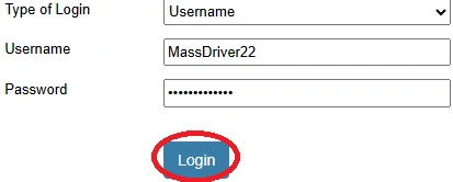 A completed login form showing 'MassDriver22' as the username, a masked password, and a red circle highlighting the blue 'Login' button.
